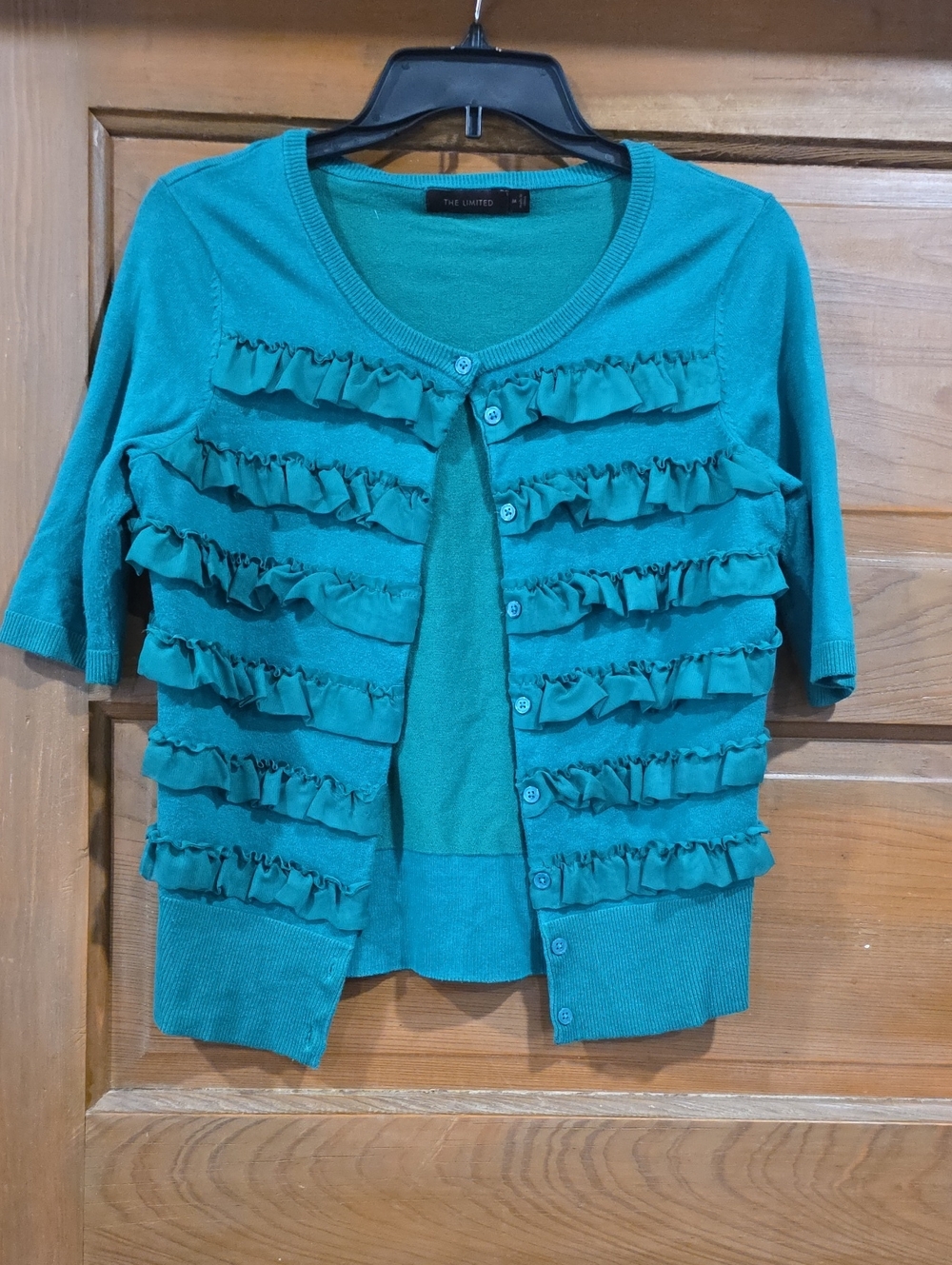 The Limited Teal Ruffle-Front Short Sleeve Cardigan
